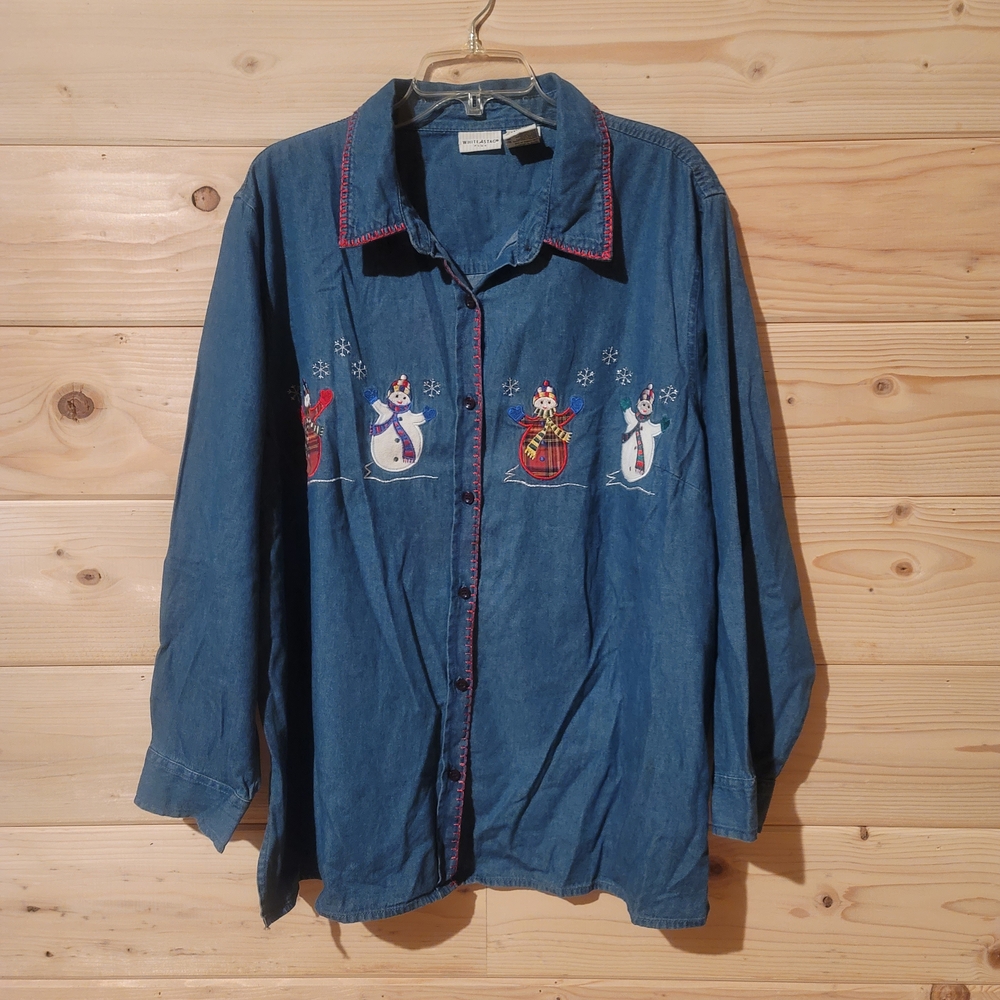 White Stag Vtg Christmas Holiday Denim Button Down Shirt Women's SIze 3X 28x29